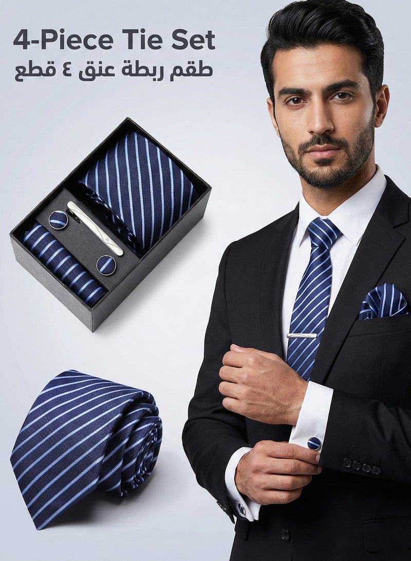 FIORICASA 4-Piece Men's Necktie Gift Set - Navy Blue & Bright Blue Fine Diagonal Striped Jacquard Tie with Matching Cufflinks, Pocket Square & Tie Clip for Professional Business - Image 1